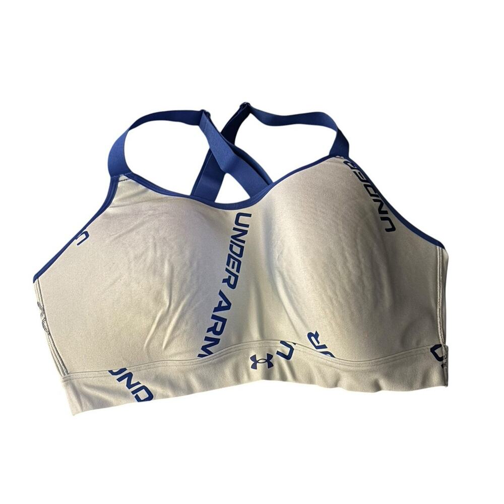 Under Armour Sports Bra 1X White Blue‎ Logo Print High Support Padded